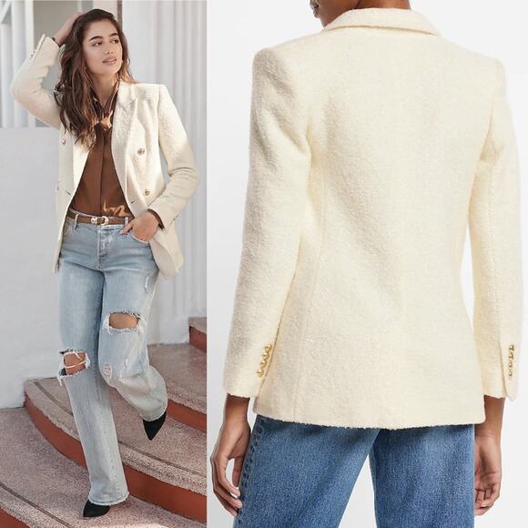 Express Wool-Blend Double Breasted Novelty Button Blazer in Ivory & Gold - Picture 5 of 17